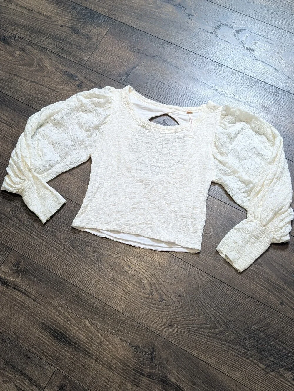 Free People Cream Jasmine Tea Time Textured Puff-Sleeve Blouse Size Small